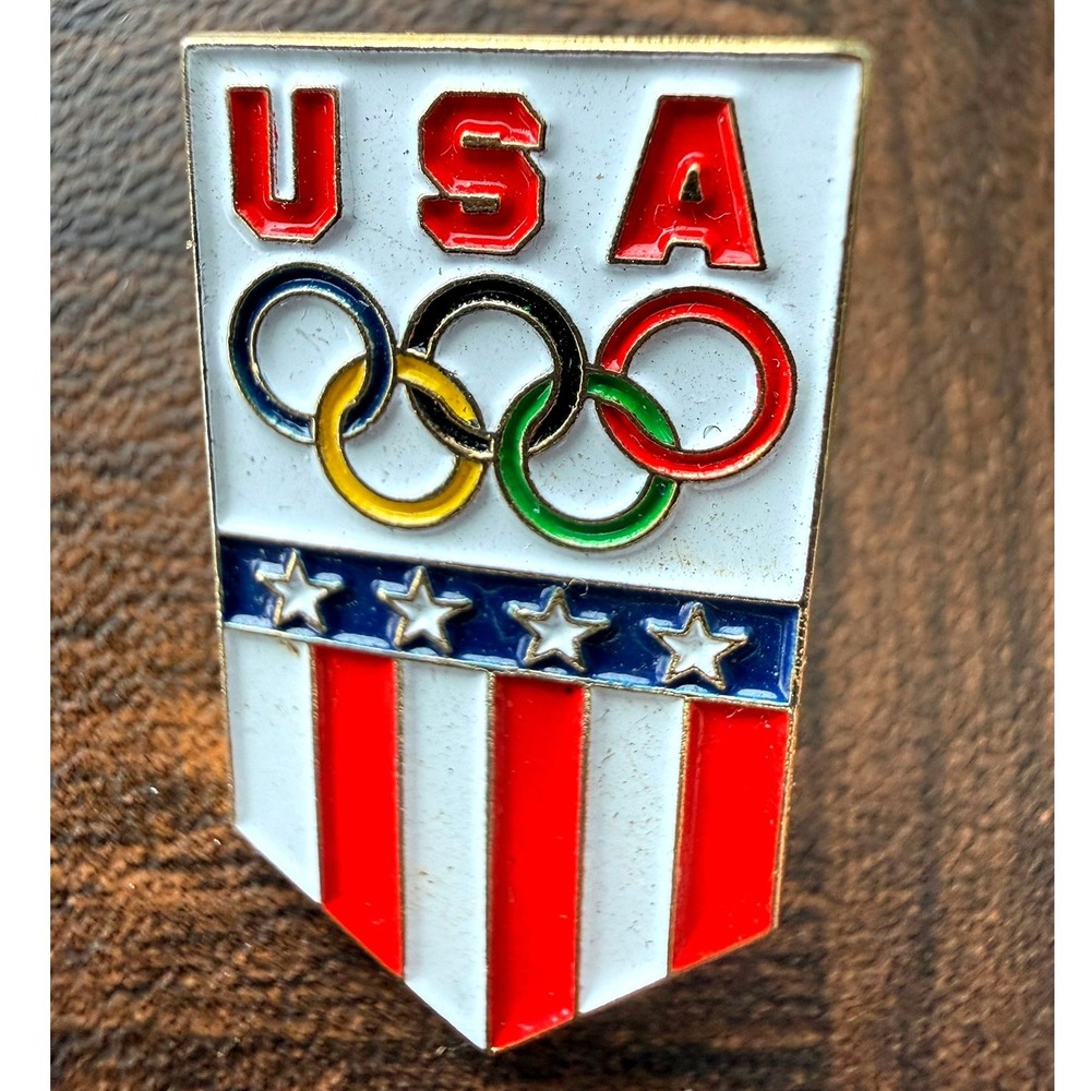 Vintage Team USA Olympic Games Shield Enamel Lapel Pin Red White Blue Gold Tone